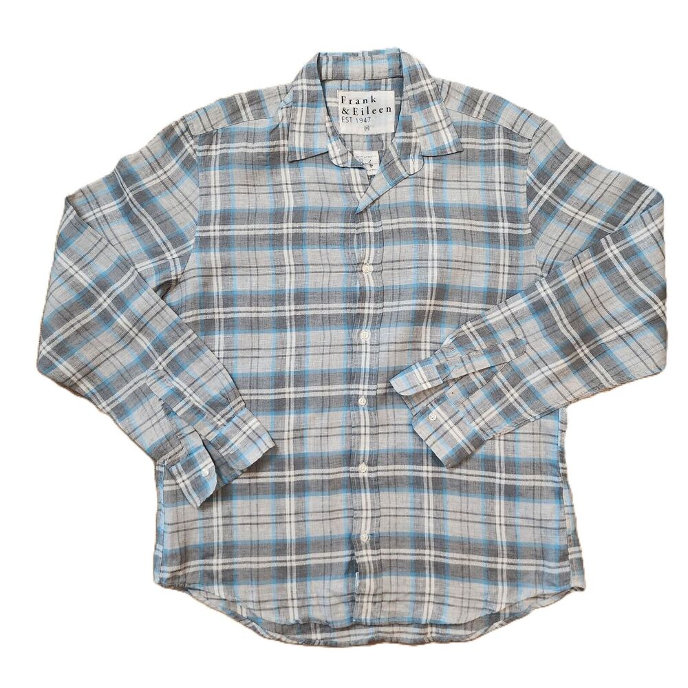 MENS PAUL FRANK & EILEEN LINEN BLUE WHITE GRAY PLAID LONG SLEEVE SHIRT M
